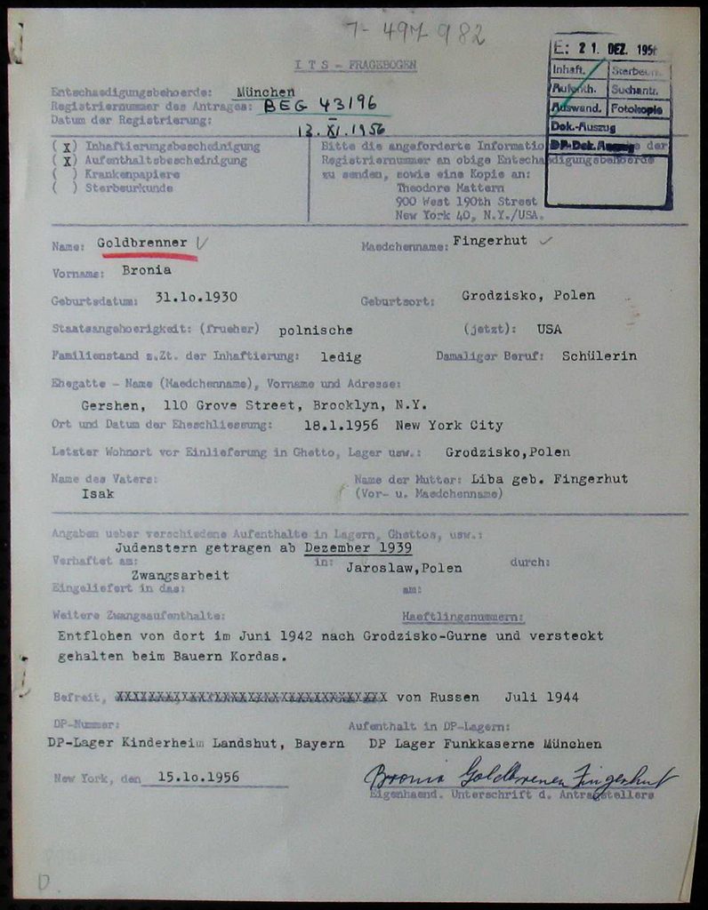 Dokument z oświadczeniem Broni Goldbrener-Fingerhut z 1956 roku z Nowego Jorku o ukrywaniu jej przez rodzinę Kordasów.