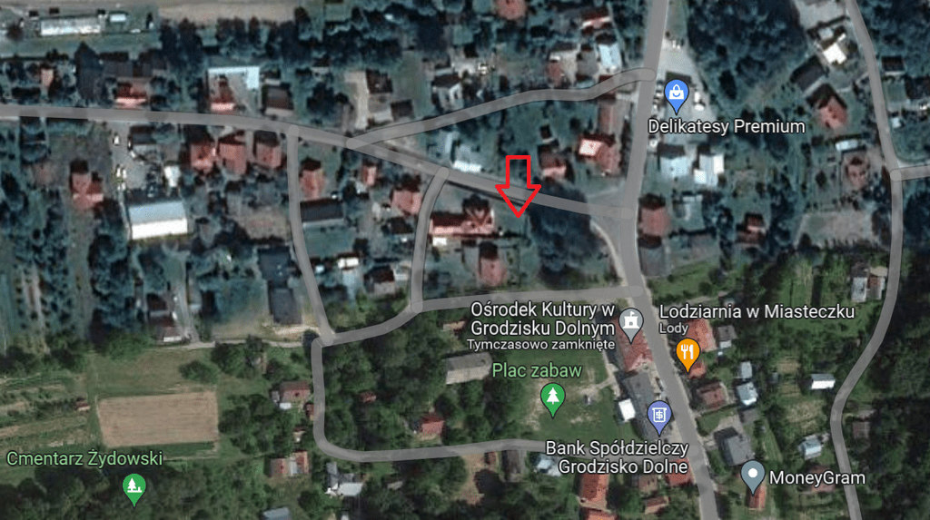 Plan miejscowości Grodzisko Dolne z zaznaczonym miejscem, gdzie stał dom rodziny Fingerhut.