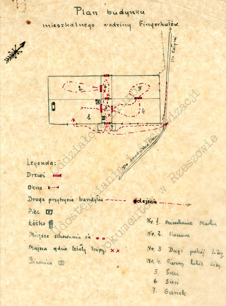 Archiwalny szkic i plan sytuacyjny budynku mieszkalnego rodziny Fingerhut sporządzony przez Milicję Obywatelską w 1945 roku.